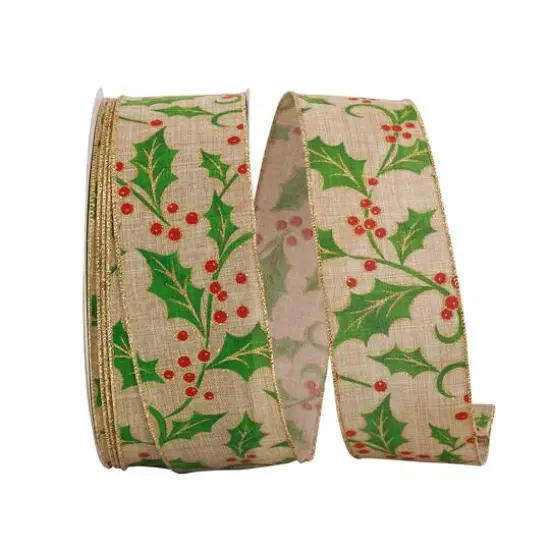 JAM Paper 2.5" x 50yd. x 50yd. Linen Wired Natural Holly Ribbon {1}