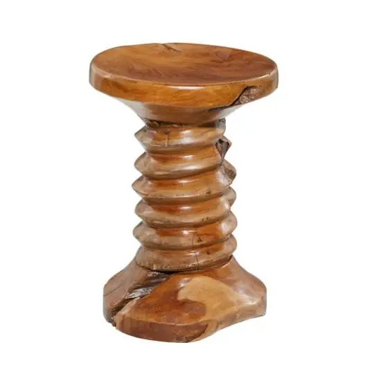 19" Brown Teak Wood Rustic Stool {7}