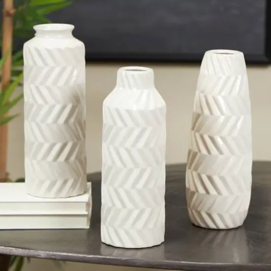White Ceramic Dimensional Chevron Textured Vase with Varying Shapes Set {7}