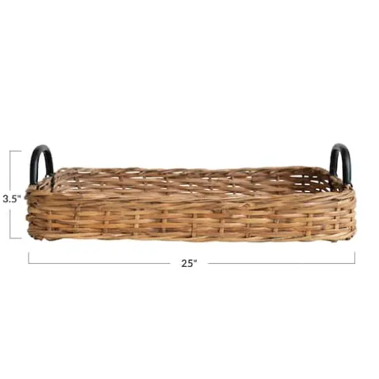 Hello Honey&reg; 25" Natural and Black Decorative Woven Rattan Tray with Metal Handles {7}