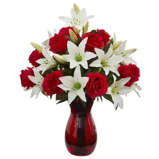 21" Red Roses & White Lilies Arrangement in Red Vase {1}