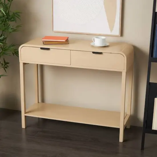 35.5" Beige Wood Handmade 2-Drawer Console Table with Black Handles {3}