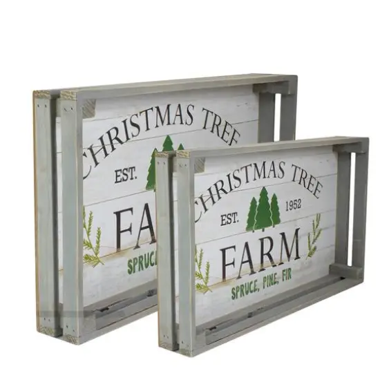 Gray & White Farm Fresh Christmas Trees Wooden Tray Hanging Sign Set {4}