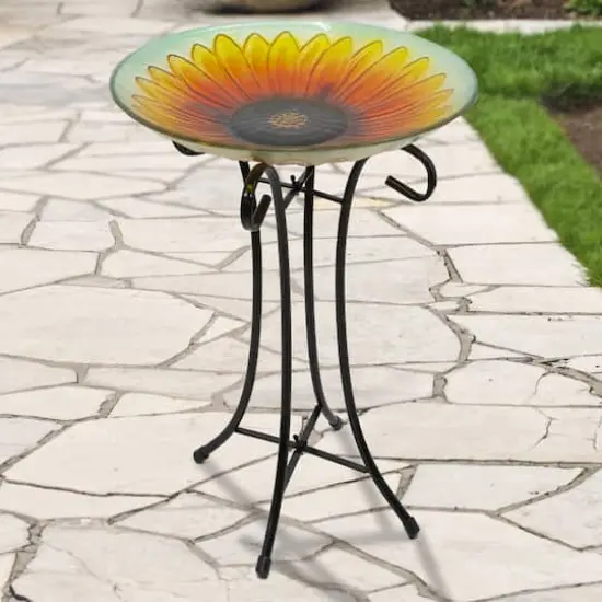 20.5" Orange & Yellow Sunflower Glass Bird Bath {3}