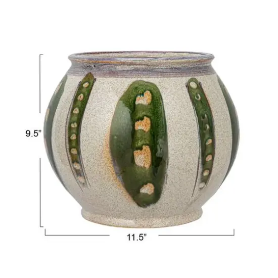 Hello Honey&reg; 11.25" Green & Cream Round Hand-Painted Stoneware Planter {7}