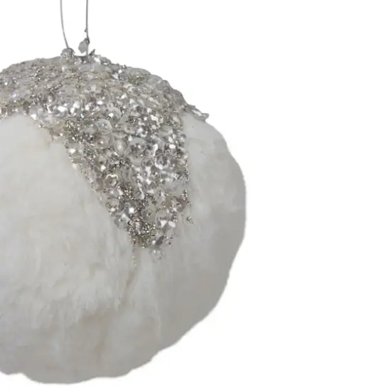 4.25" White And Silver Faux Fur Ball Ornament {5}