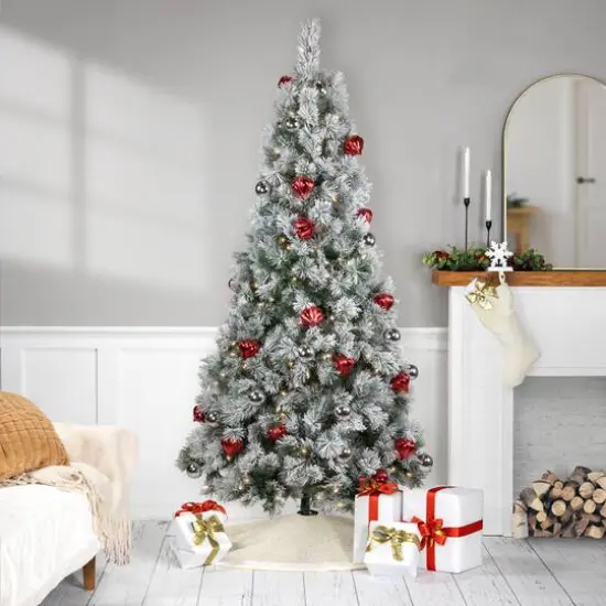6ft. Pre-Lit Snowy Bristle Pine with Ornaments Artificial Christmas Tree, Clear Lights {3}