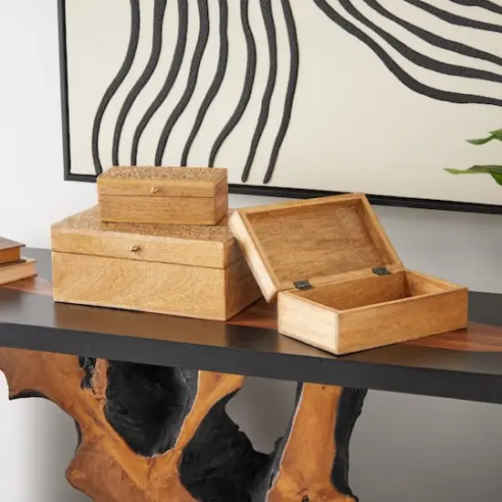 Brown Mango Wood Scroll Handmade Storage Box with Vine Carvings & Gold Accents, 3ct. {10}