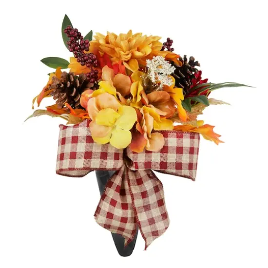 Orange & Yellow Fall Floral Remembrance Cone with Plaid Ribbon by Ashland&reg; {1}