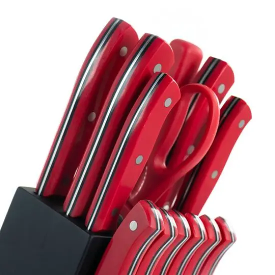 Oster Steffen 14-Piece Red Stainless Steel Cutlery Set with Hardwood Storage Block {4}