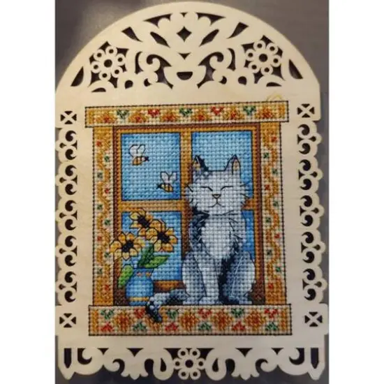 MP Studia Grey Cat Cross Stitch On Wood Kit {4}