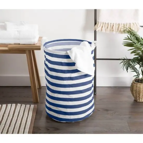 DII&reg; Round Stripes PE-Coated Cotton Polyester Laundry Hamper Nautical Blue {4}