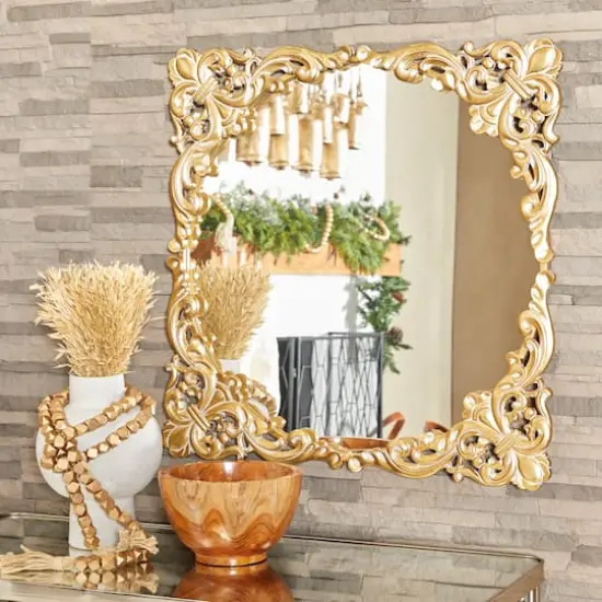 Gold Metal Carved Acanthus Floral Wall Mirror with Distressed Details 30" x 2" x 30" {7}