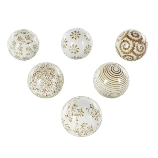 3.5" White & Brown Floral Ceramic Decorative Ball Orbs Set {1}