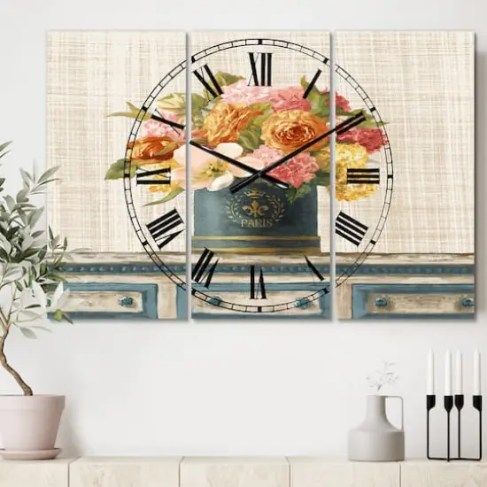 Designart Tulips In Teal And Gold Hatbox On Linen Multipanel Wall Clock {3}