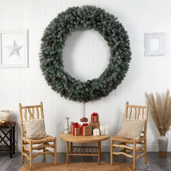 6ft. Clear LED Lights Flocked Christmas Artificial Wreath With Pinecones {8}
