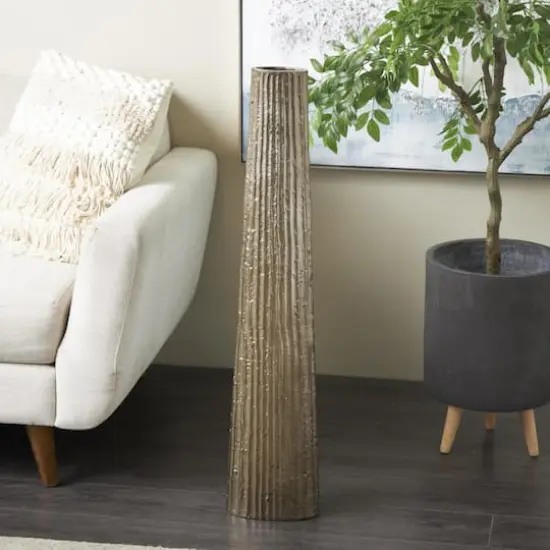 35.5" Brass Aluminum Metal Slim Flat Tall Floor Cone Vase with Textured Ridges {3}