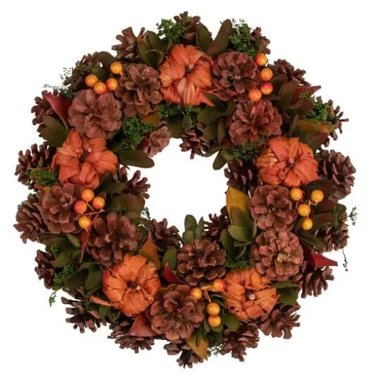 13.75" Brown & Orange Fall Wreath With Pumpkins & Pinecones {1}