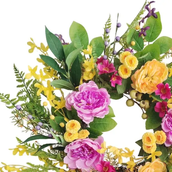 24" Pink, Orange & Yellow Spring Peony & Winter Jasmine Floral Wreath {4}