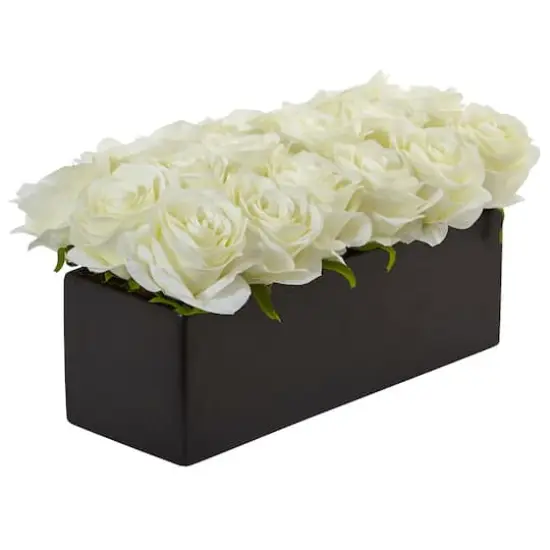 6" White Dozen Roses in Black Rectangular Ceramic Planter {3}