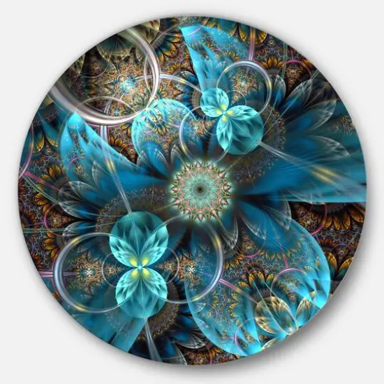 Designart - Fractal Blue Flowers' Disc Floral Circle Metal Wall Art {1}