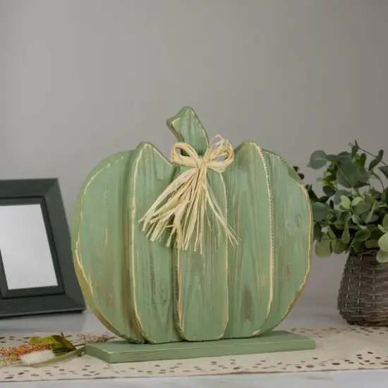 14" Green Slatted Halloween Tabletop Pumpkin with Bow {3}