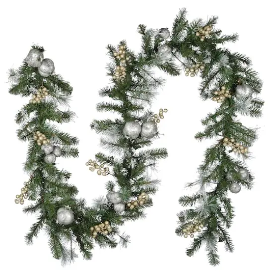 9ft. Pre-lit Glittery Pomegranate Pine Garland with Silver Pomegranates,Champagne Berries Frosted Tips and 100 Clear Lights {6}