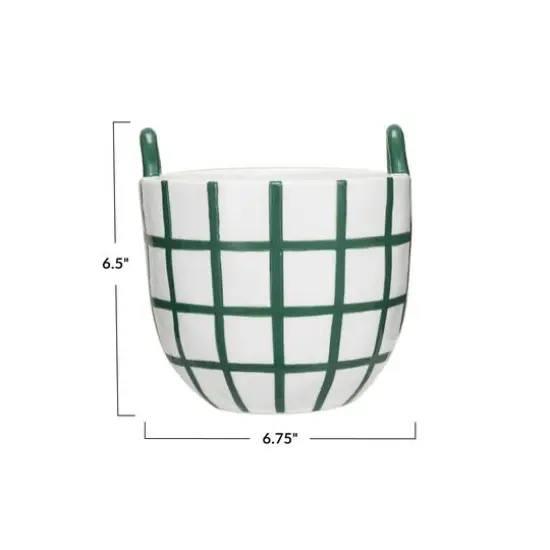 Hello Honey&reg; 6.75" Hand-Painted Green & White Grid Stoneware Container with Handles {4}