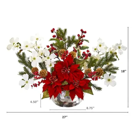 18" Red Poinsettia, Dogwood, Berry & Pine Artificial Arrangement in Silver Vase {3}