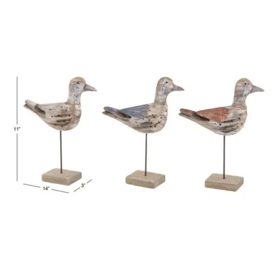 Set of 3 Brown Wood Coastal Bird Sculpture, 11" x 14" {10}