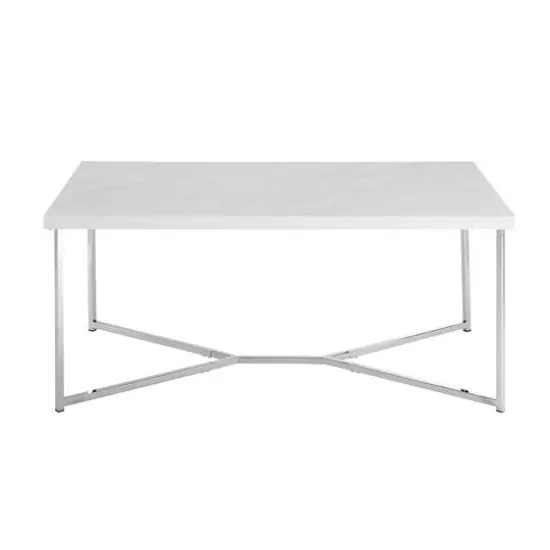 Luxe 42" Faux White Marble & Chrome Y Leg Modern Glam Coffee Table {1}