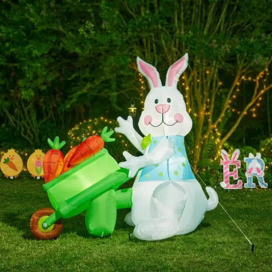 Glitzhome® 72.75" Easter Lighted Bunny Wheel Barrow Inflatable Decor {4}