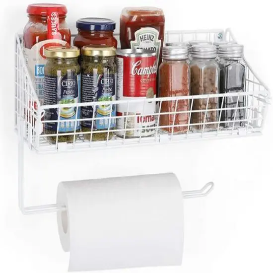 NEX&trade; 16" White Wall Mounted Wire Basket Shelf & Paper Roll Holder {5}
