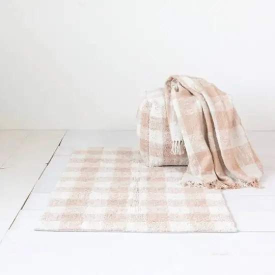 Hello Honey&reg; 18" Blush & Cream Plaid Cotton Tufted Pouf {6}