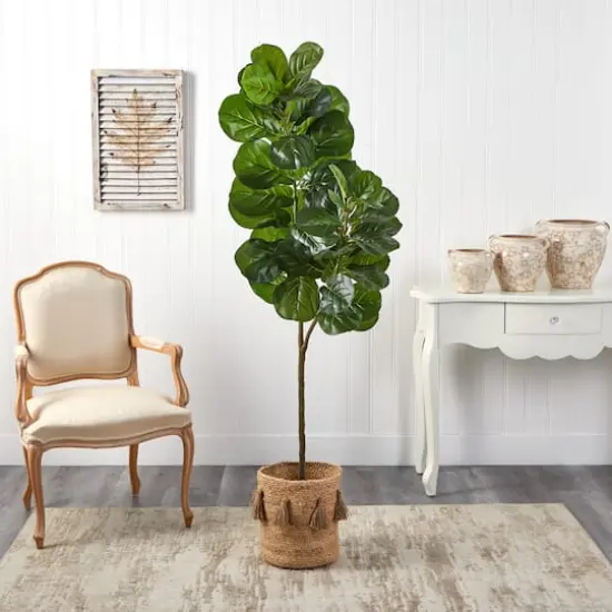 5.5ft. Fiddle Leaf Fig Artificial Tree in Handmade Natural Jute Planter with Tassels {4}