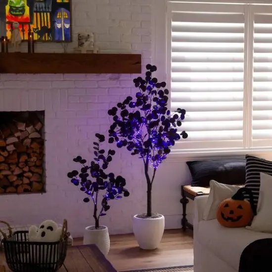 5ft. Pre-Lit Artificial Halloween Black Eucalyptus Tree with 220 Orange & Purple LED Lights {13}