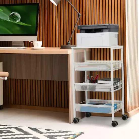 White 3-Tier Kitchen Storage Rolling Utility Cart with Wood Top {7}