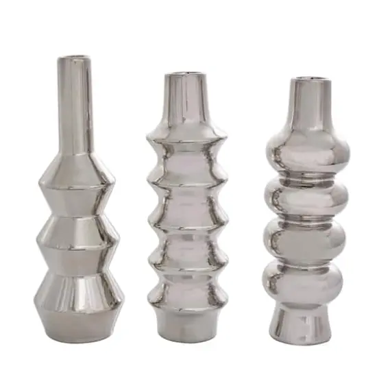 Silver Ceramic Abstract Bubble Ribbed Vase Set {3}