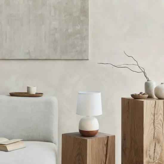 Simple Designs 12" Petite Mid Century Dark Woodgrain Base Table Lamp Off White {6}