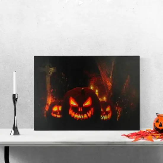 LED Lighted Jack-O-Lanterns in a Cemetery Halloween Canvas Wall Art {3}
