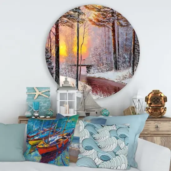 Designart - Christmas Forest With River and Trees IV - Traditional Metal Circle Wall Art {4}