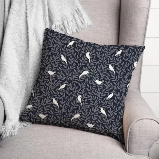 18" Birds On Leaves Indoor/Outdoor Pillow Navy {3}