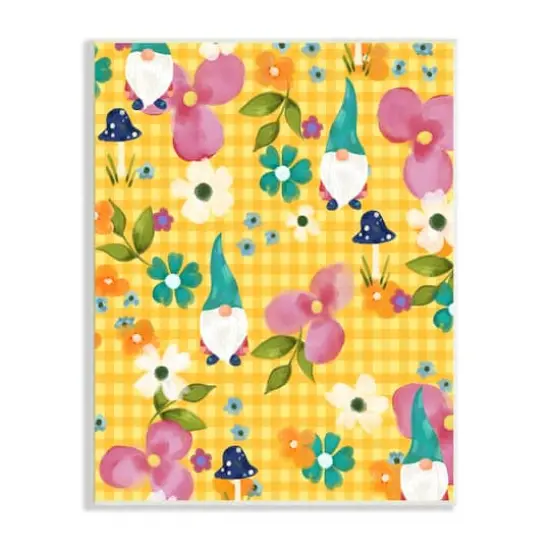 Stupell Industries Yellow Tartan Patterned Spring Gnomes Mushrooms Wall Plaque Art {1}