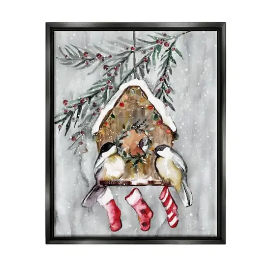 Stupell Industries Holiday Stockings Birdhouse Perched Framed Floater Canvas Wall Art {1}