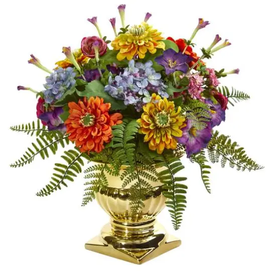 14" Mixed Floral Artificial Arrangement in Gold Urn {1}