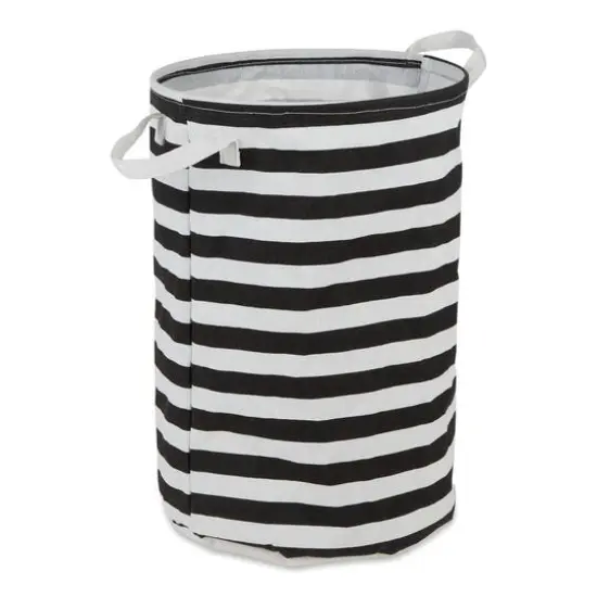 DII® Round Stripes PE-Coated Cotton Polyester Laundry Hamper Black {1}