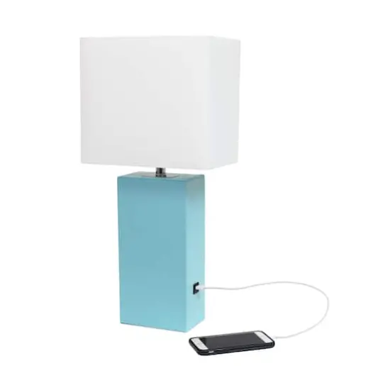 Lalia Home Lexington 21" Leather Table Lamp with USB Charging Port Aqua {7}
