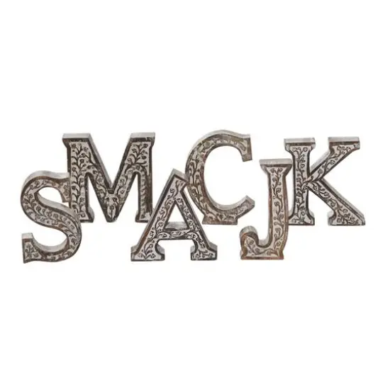 8" Brown Mango Wood Letter Set, 6ct. Brown/White Botanical {9}