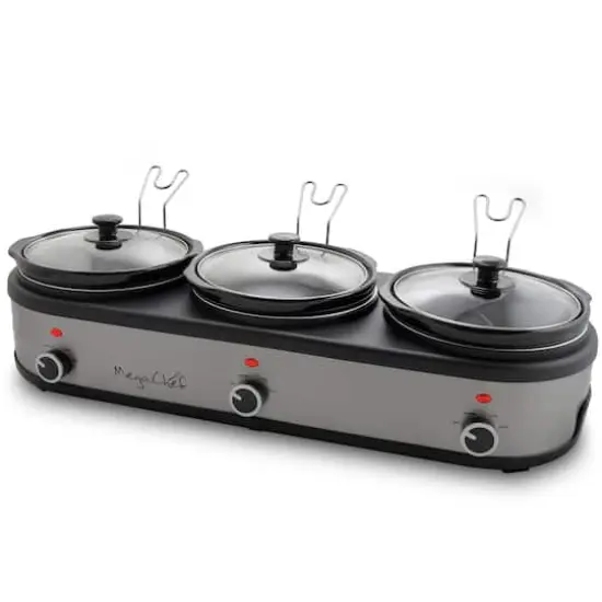 MegaChef Brushed Silver & Black Finish Triple 2.5qt. Slow Cooker & Buffet Server With 3 Ceramic Cooking Pots & Removable Lid Rests {4}