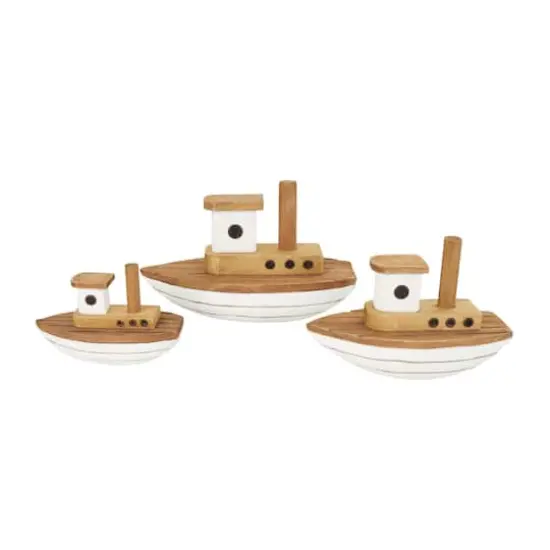 Brown & White Handmade Wood Boat Sculpture Set {1}